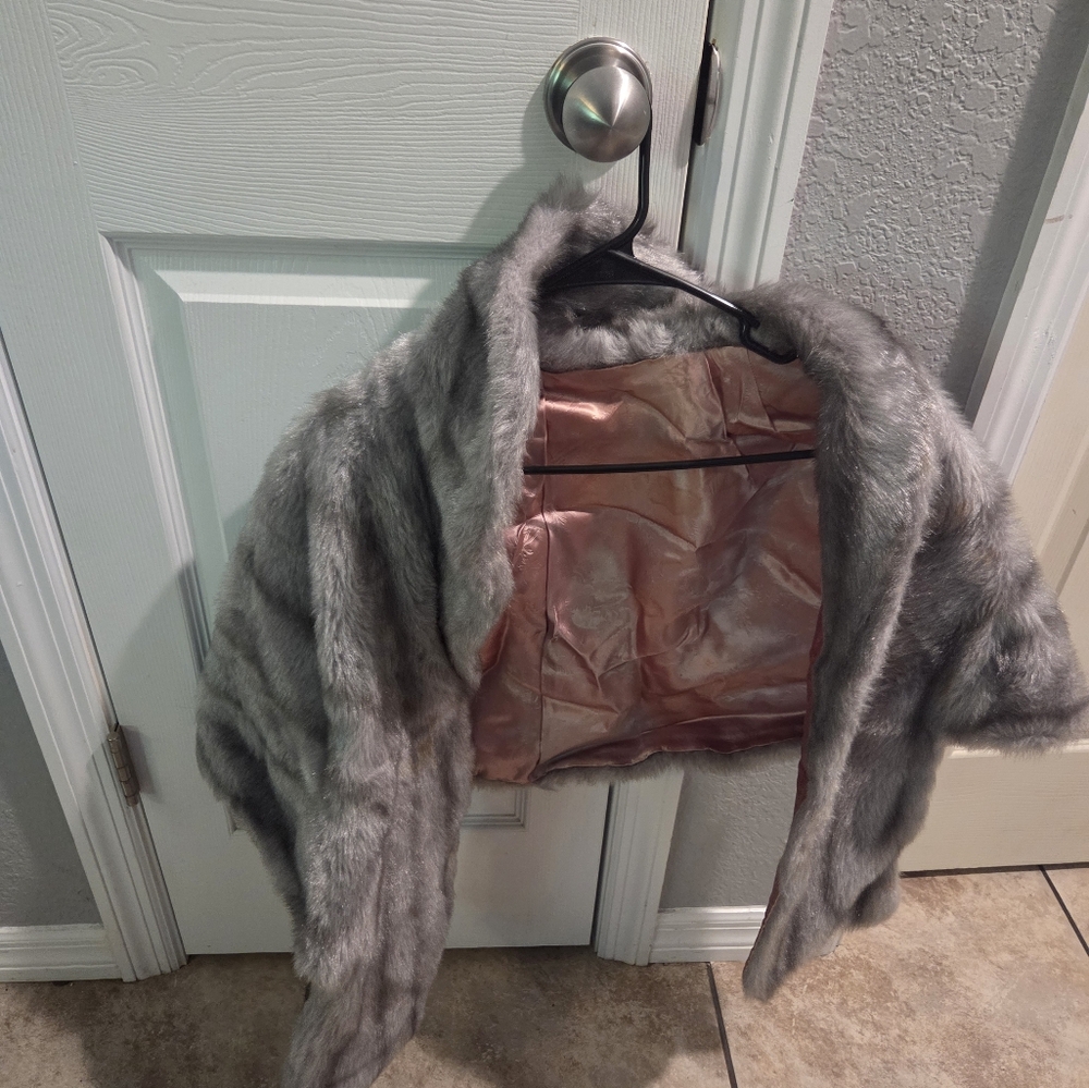 Gray Faux Fur Shrug with Pink Satin Lining